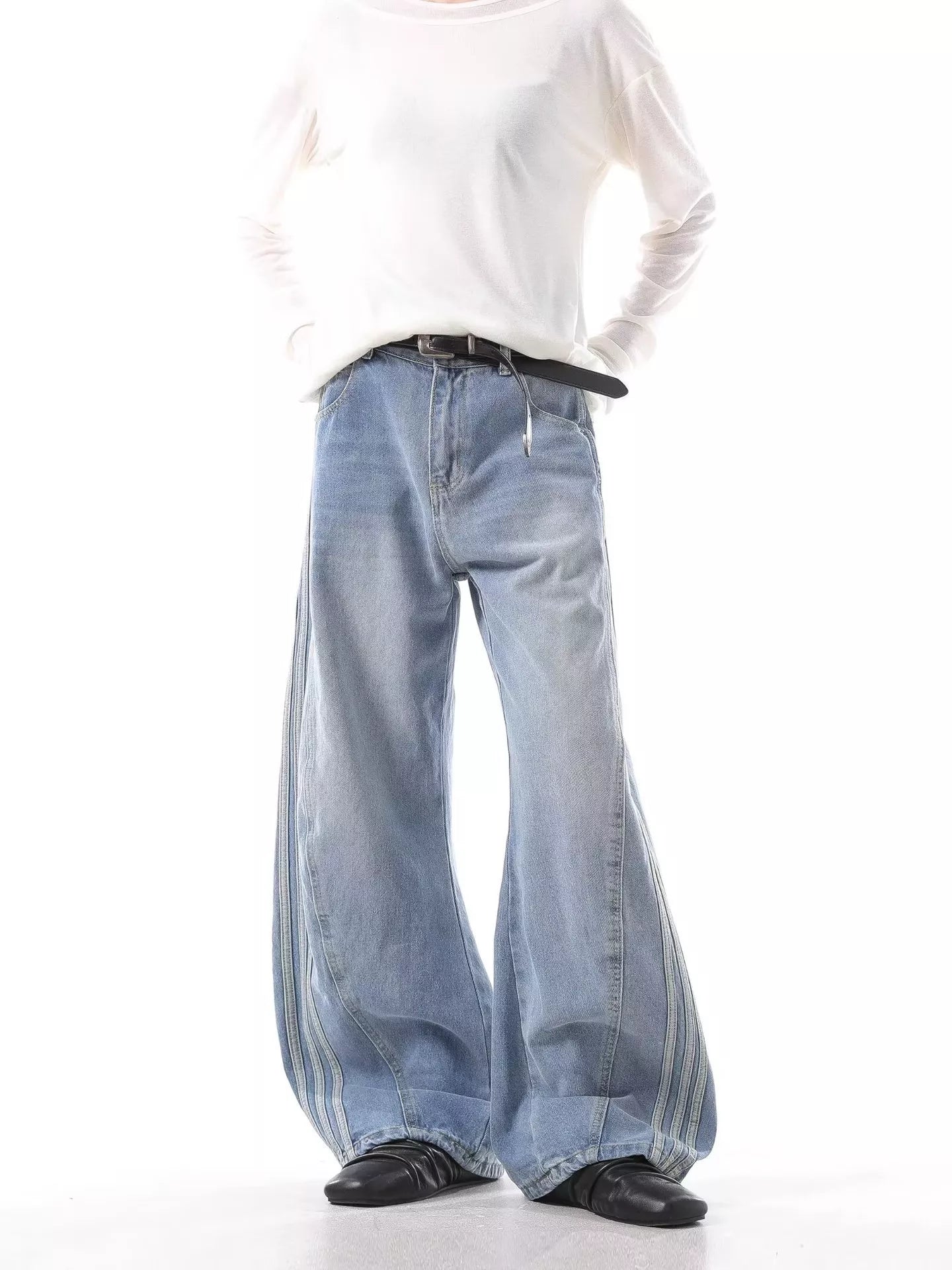 Men's Full Size Wide Leg Jeans with Side Stripes Plus Size