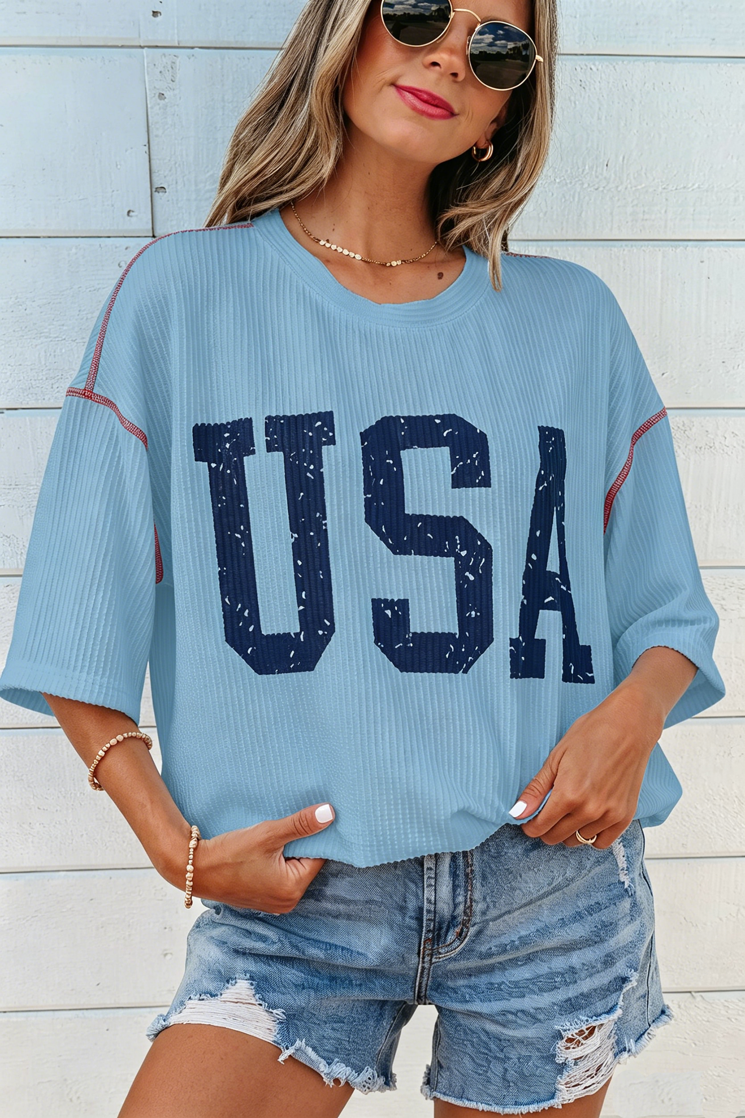 Beau Blue USA Graphic Half Sleeve Loose Ribbed Top