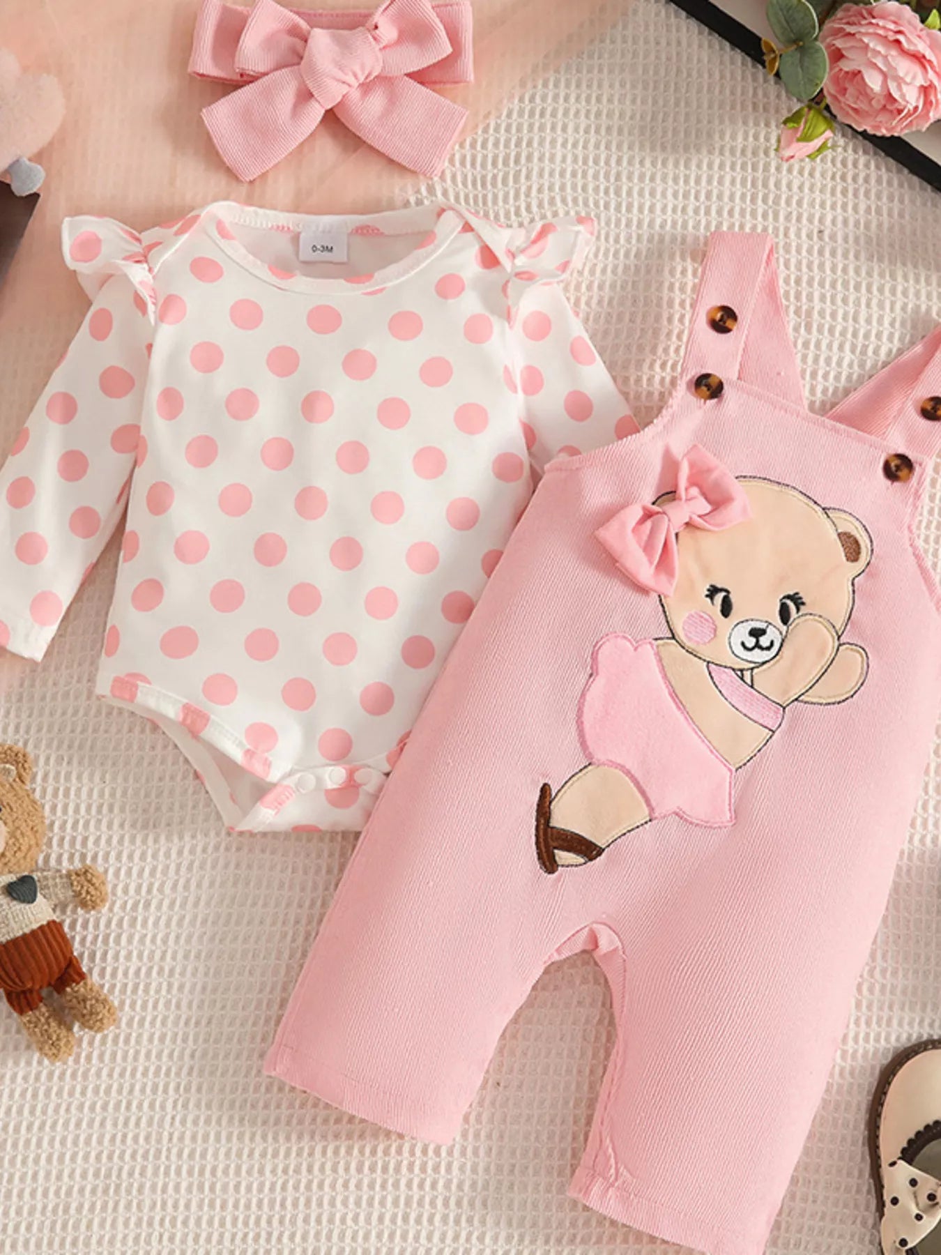 Children's Polka Dot Bodysuit and Overalls Set with Headband