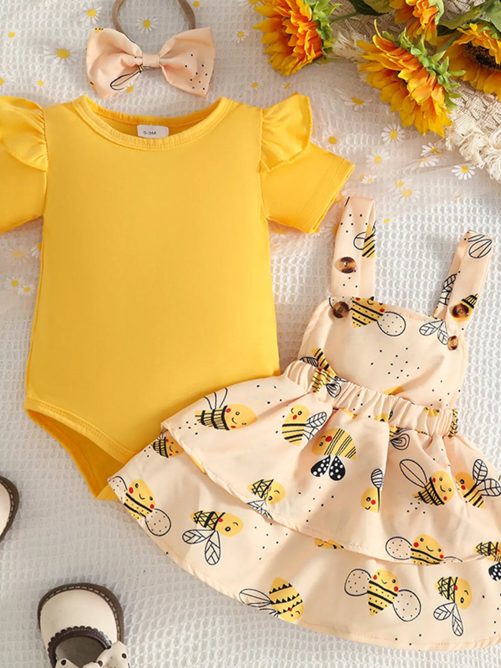 Children's Ruffle Trim Bodysuit and Bee Print Dress Set with Headband
