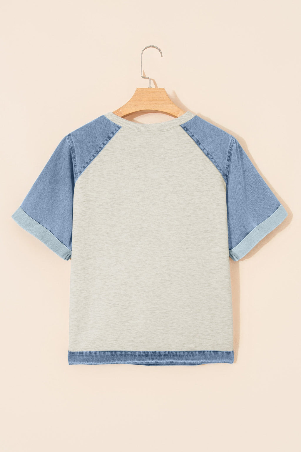 Beige Denim Color Block Patchwork Round Neck Tee