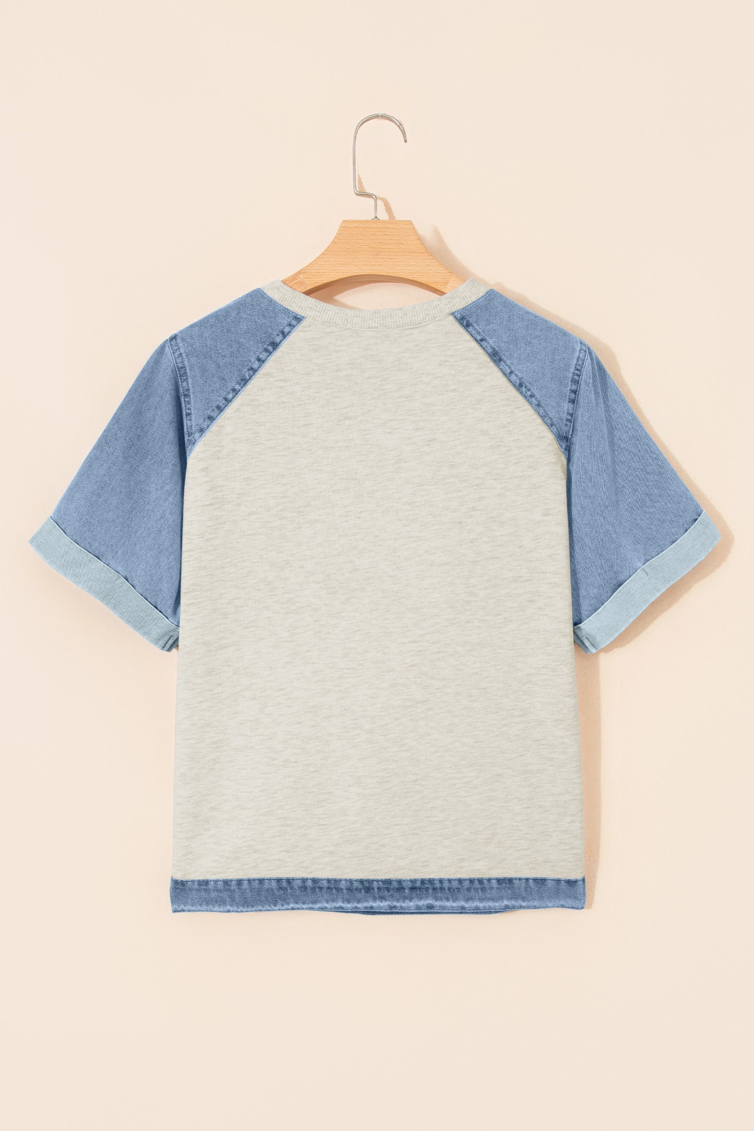 Beige Denim Color Block Patchwork Round Neck Tee