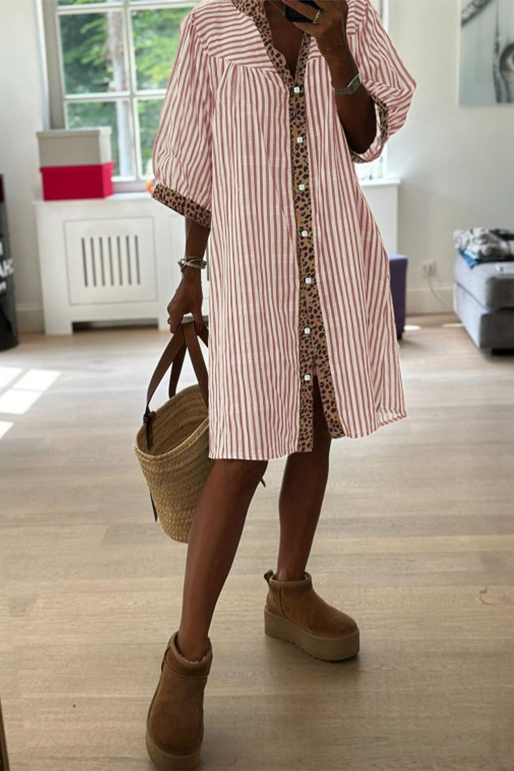 Pink Stripe Square Button Leopard Trim Loose Bracelet Sleeve Shirt Dress