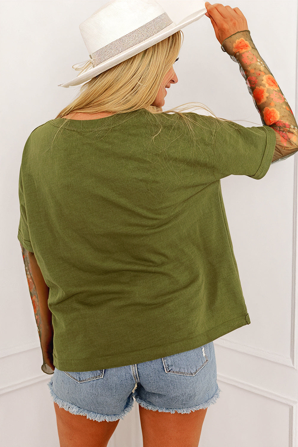 Fern Green Faux Two Piece Floral Long Sleeve Patchwork Tee