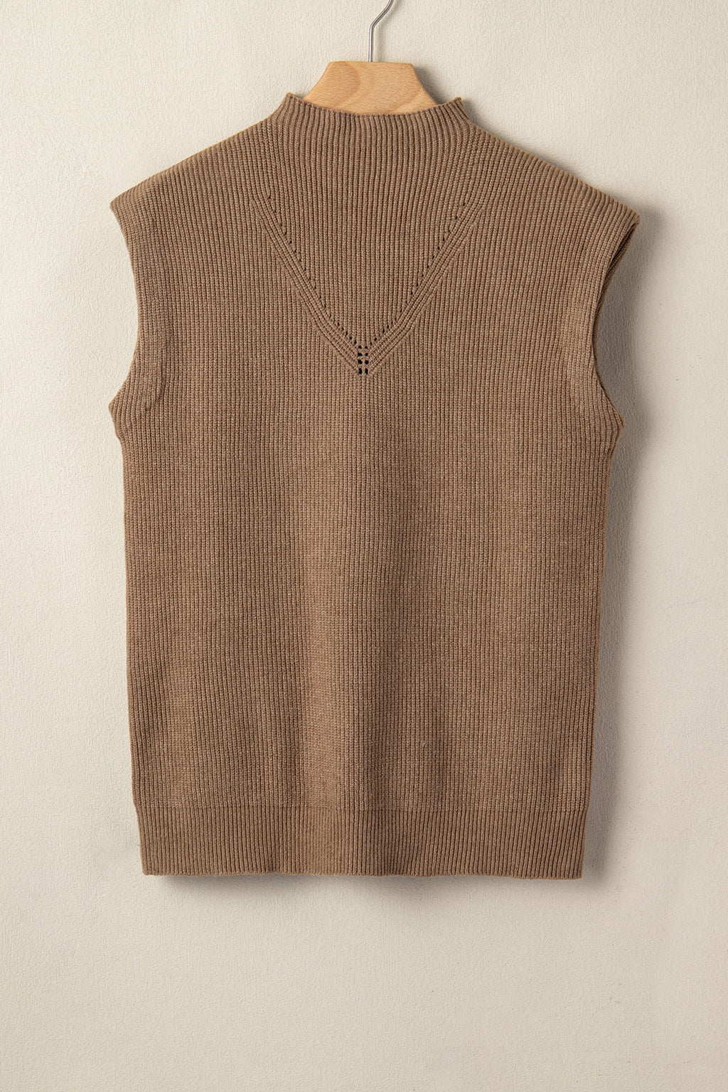 Light French Beige Solid Color Ribbed Knit Mock Neck Loose Sleeveless Sweater