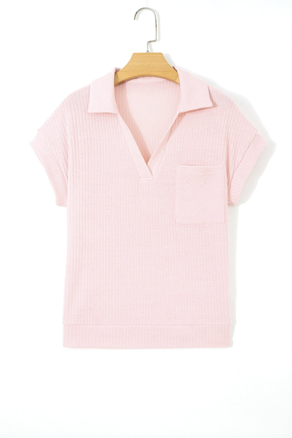 Light Pink Collared V Neck Ribbed Tee