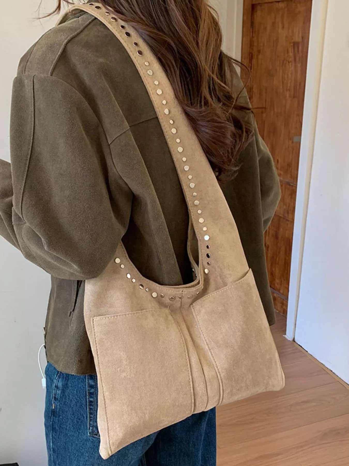 Studded Suede Shoulder Bag
