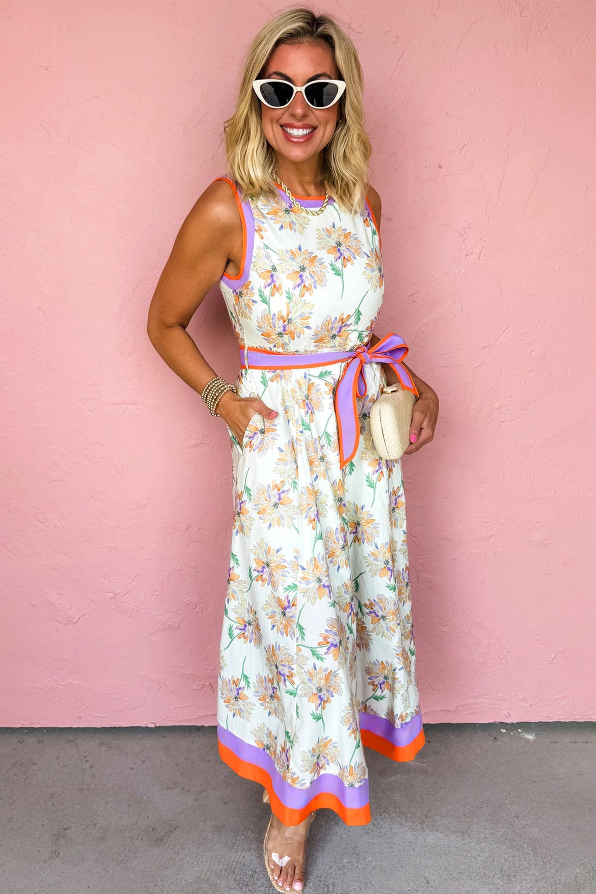 White Floral Print Color Block Trim Belted Sleeveless Maxi Dress