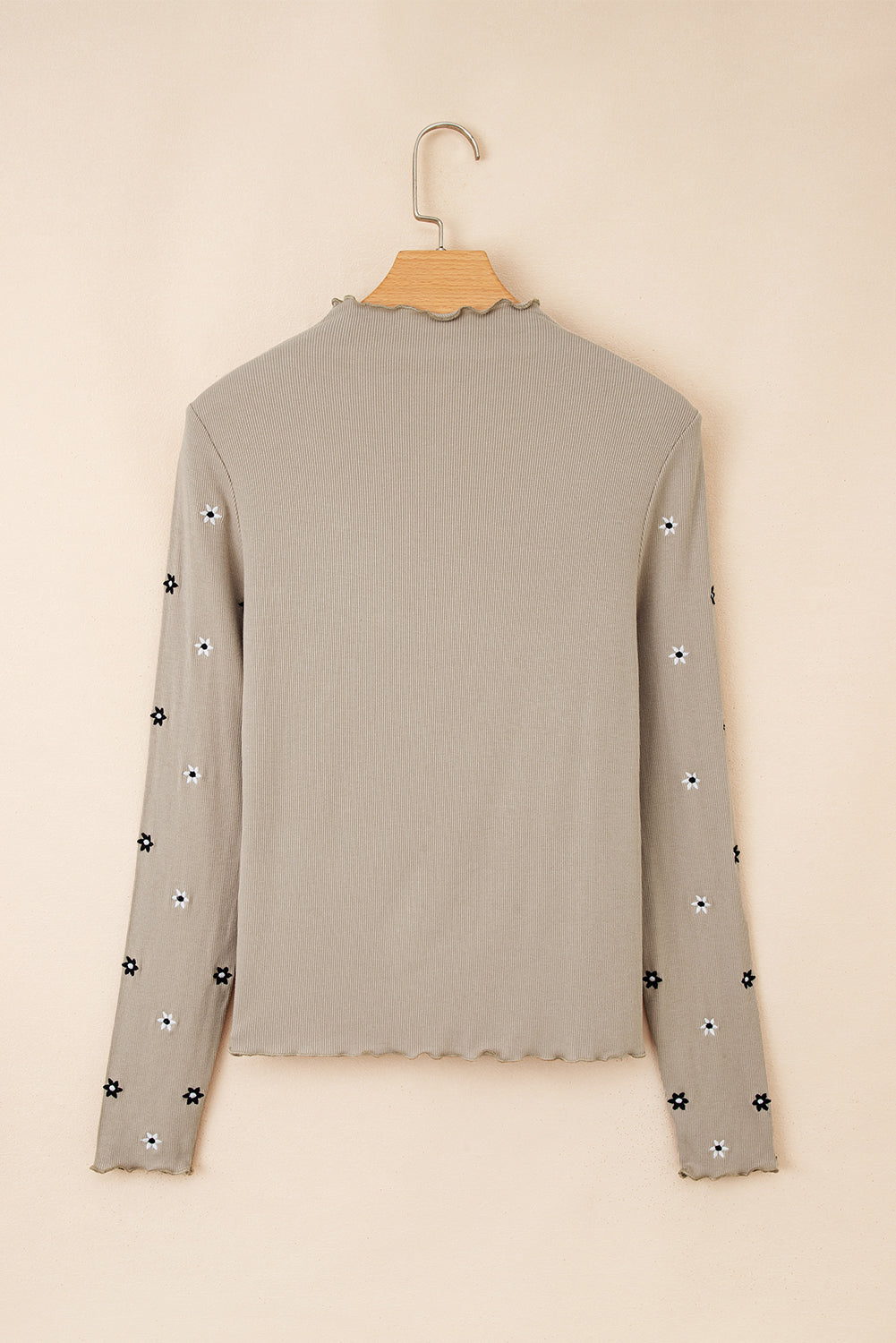 Jet Stream Floral Embroidered Detail Ribbed Long Sleeve Top