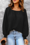 Black Scoop Neck Puff Sleeve Waffle Knit Top