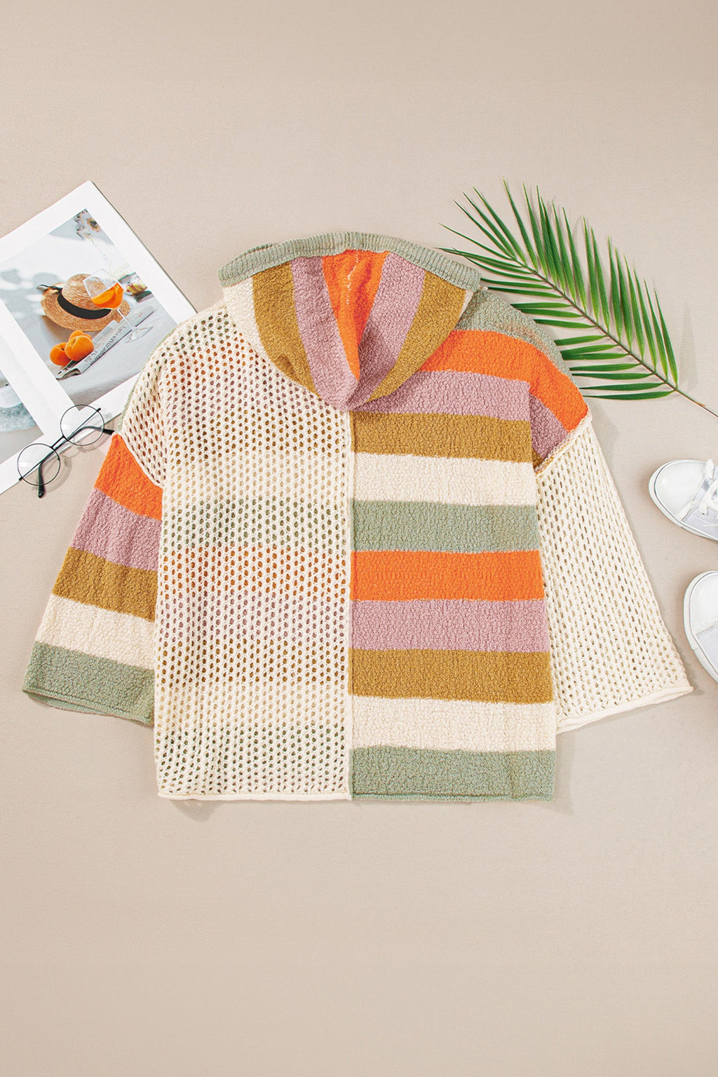 Beige Oversized Colorblock V Neck Hooded Sweater