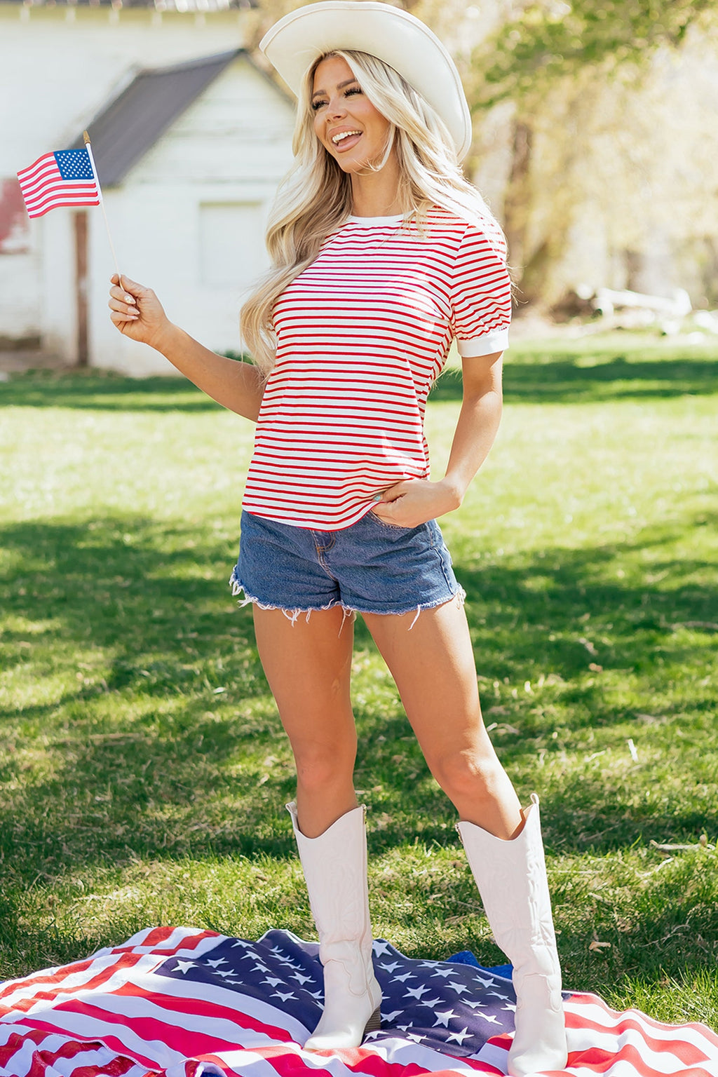 Red Stripe Contrast Trim Round Neck Short Puff Sleeve T Shirt