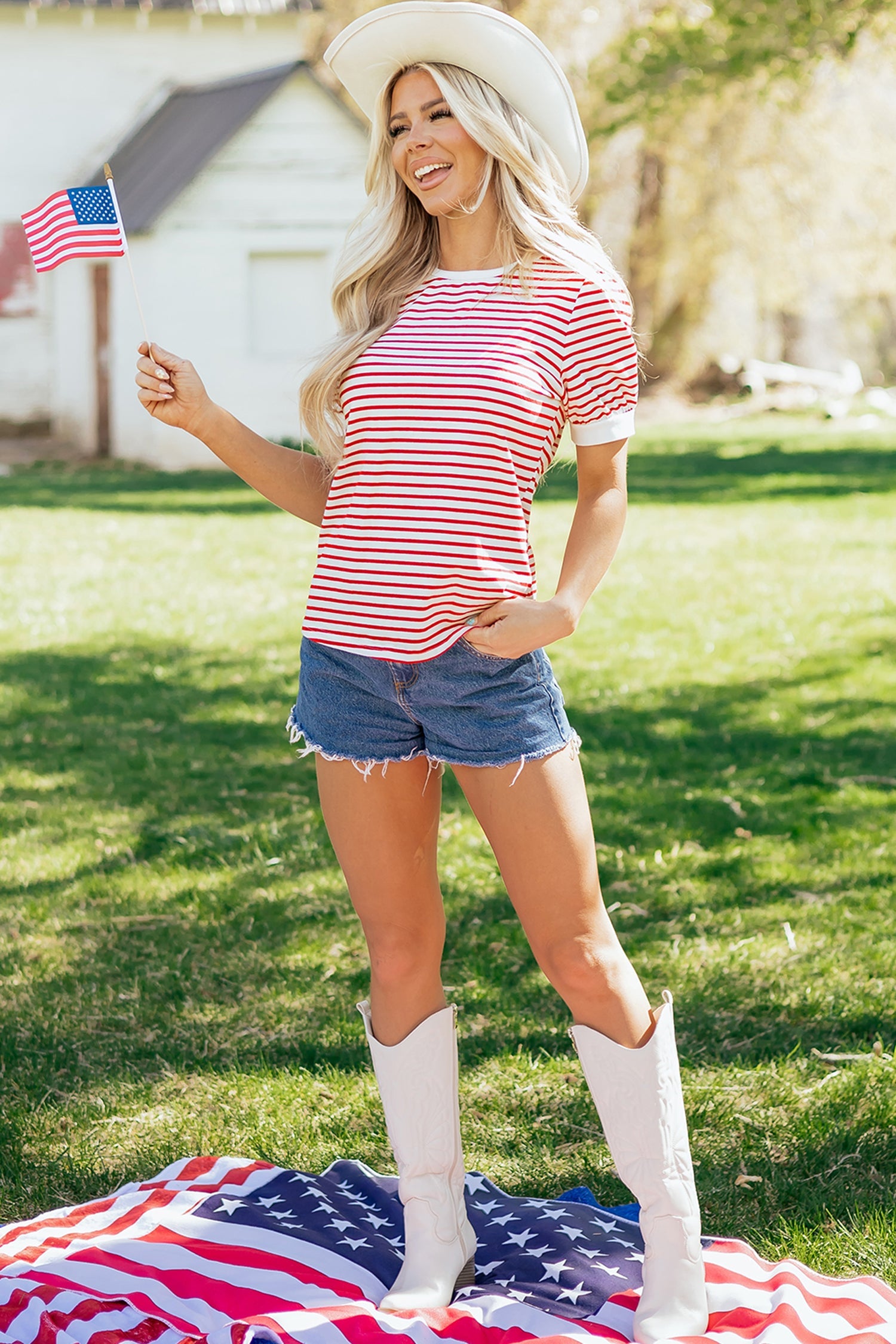 Red Stripe Contrast Trim Round Neck Short Puff Sleeve T Shirt