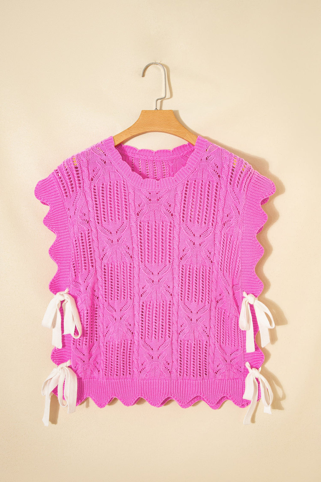 Bonbon Pointelle Knit Patterned Scalloped Trim Short Sleeve Sweater