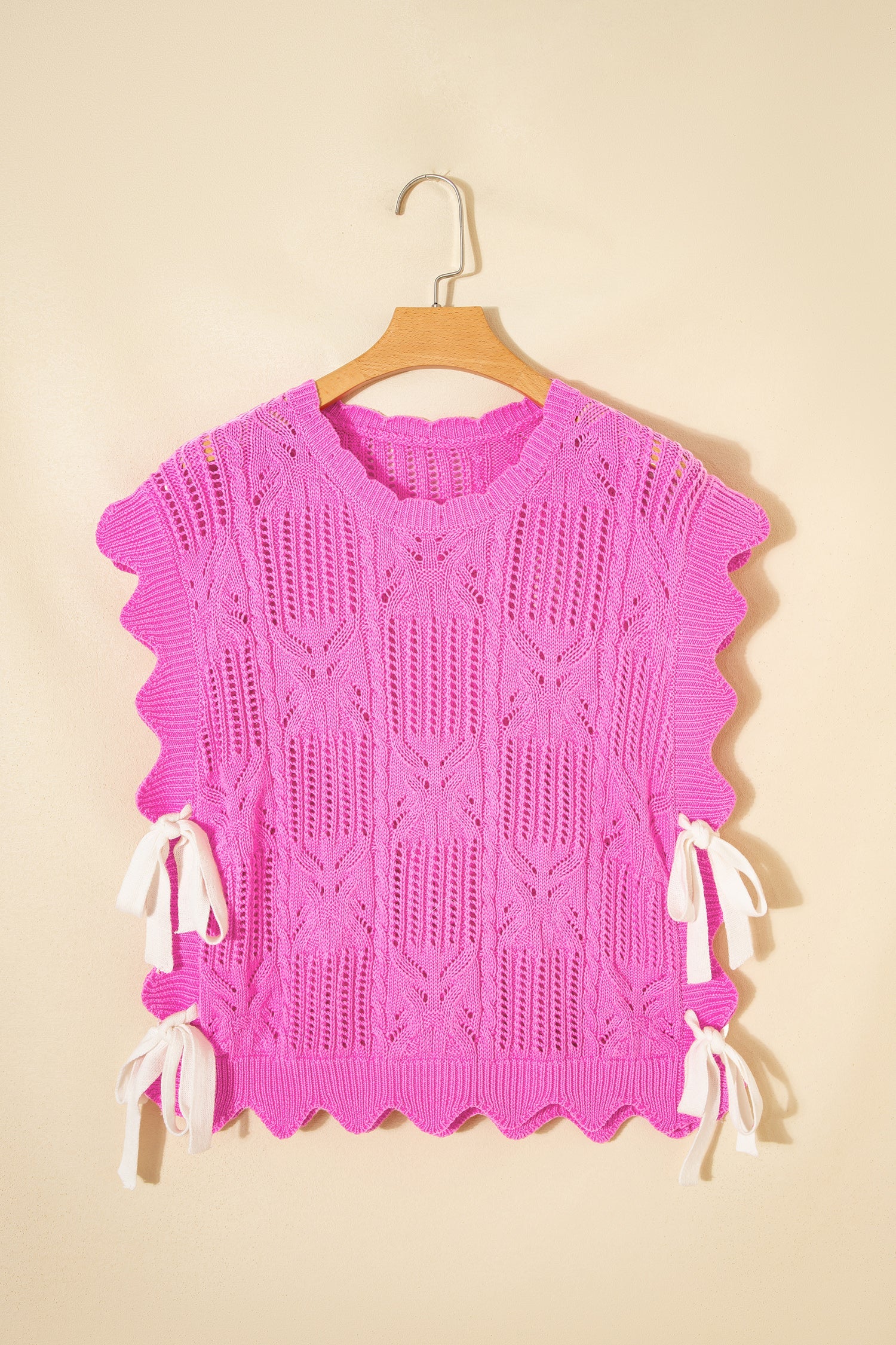 Bonbon Pointelle Knit Patterned Scalloped Trim Short Sleeve Sweater