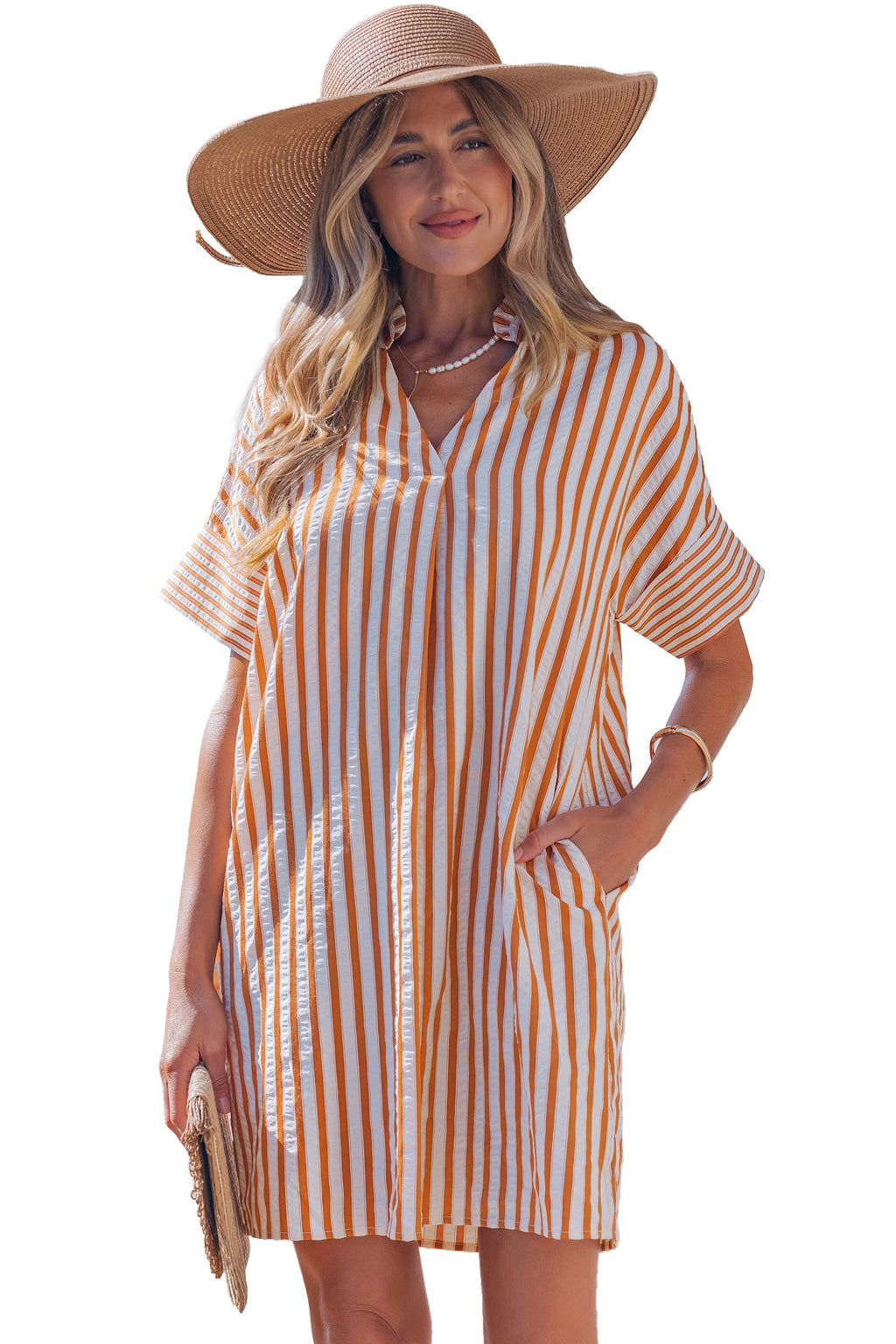 Brown Stripe Pinched V Neck Turn-up Cuffs Shift Mini Dress