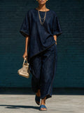 Women's Denim-Style Knit Top & Wide-Leg Pants Set – Casual 2-Piece
