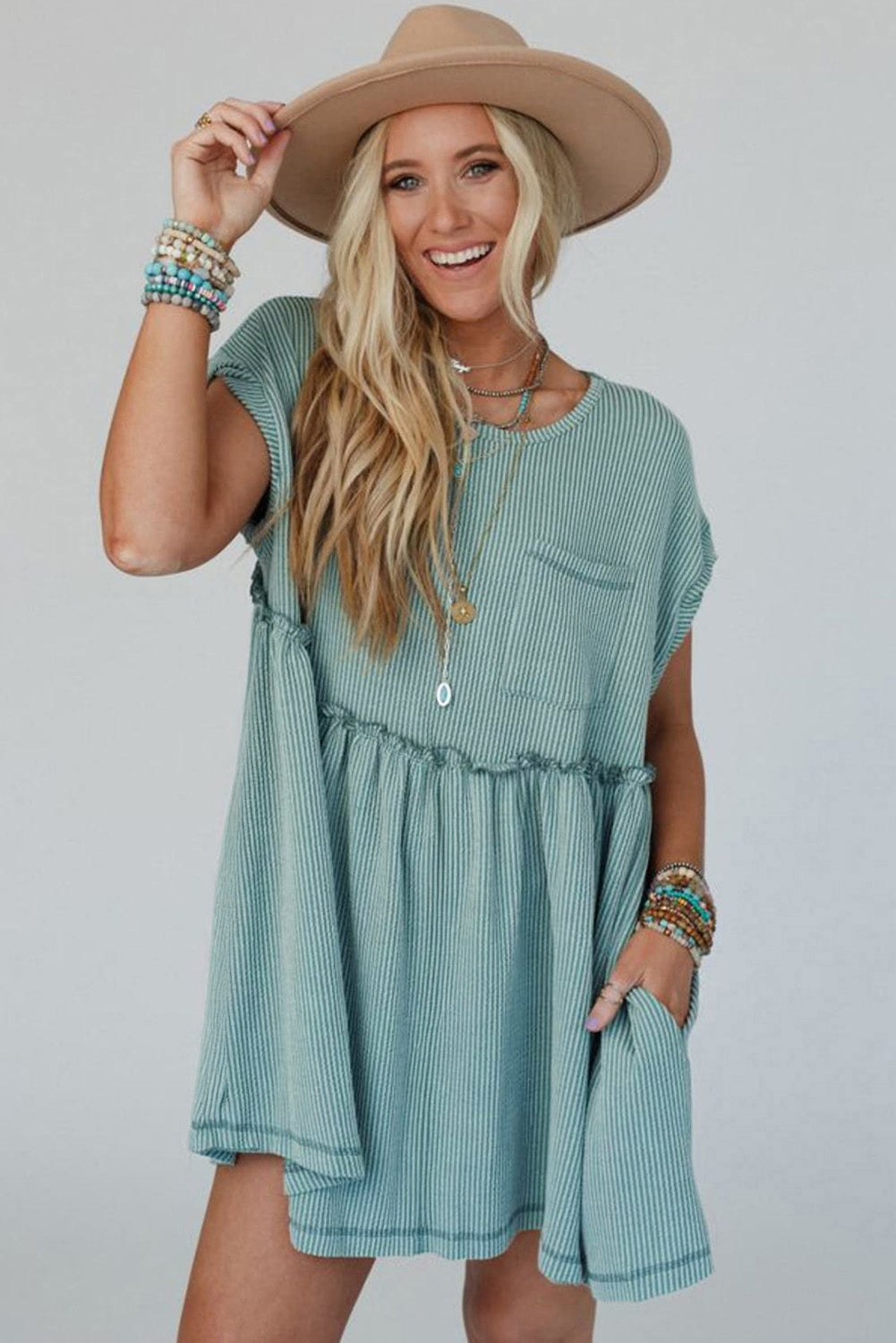 Canton Corded Knit Textured Patched Pocket Frilled Swing Mini Dress with Pockets