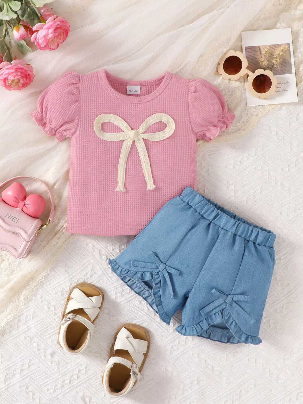 Children's Bowknot Ruffle Trim Top and Shorts Set