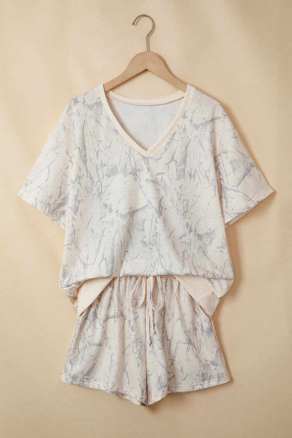 Khaki Abstract Print V Neck Loose Tee Drawstring Shorts 2pcs Outfit