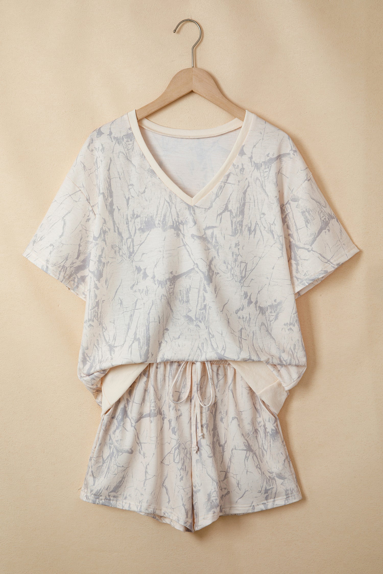 Khaki Abstract Print V Neck Loose Tee Drawstring Shorts 2pcs Outfit