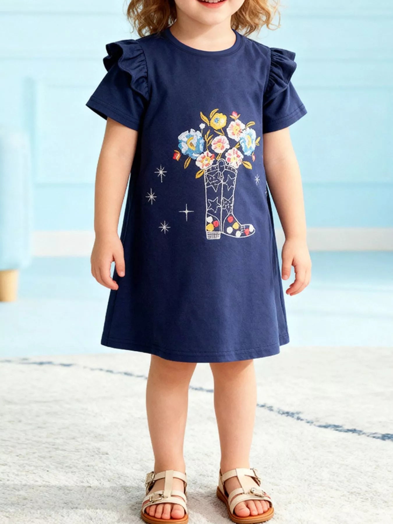 Children's Floral Boot Ruffle Sleeve Casual Dress
