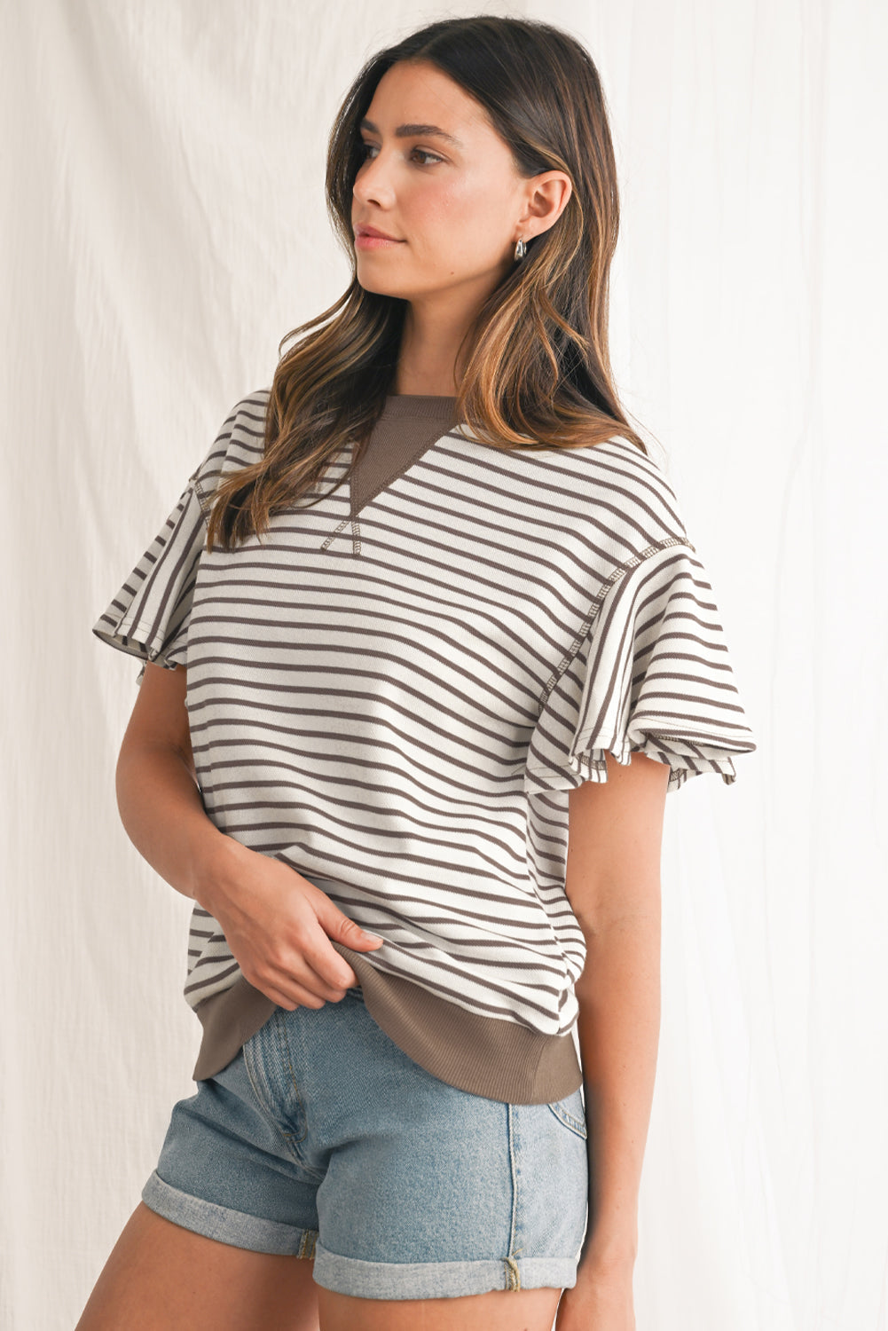 Bright Green Striped Ruffle Sleeve Round Neck Top