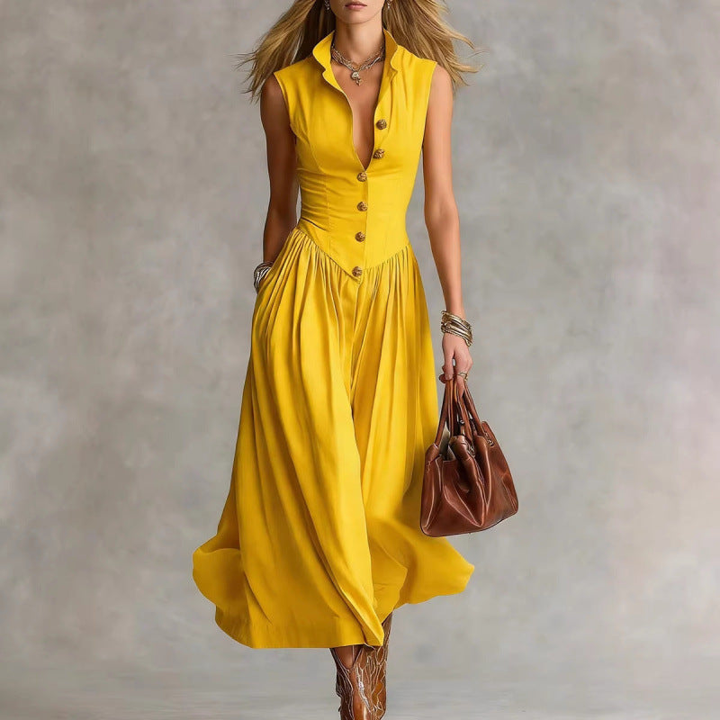 Women's Sleeveless Lapel Collar Maxi Dress – Slim Fit Patchwork