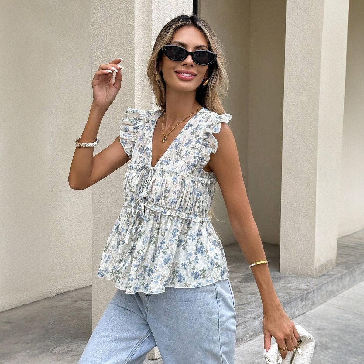 Blue Chiffon A-Line Skirt & Sleeveless Top Set
