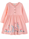 Children's Cute Animal Embroidered Polka Dot Long Sleeve Dress