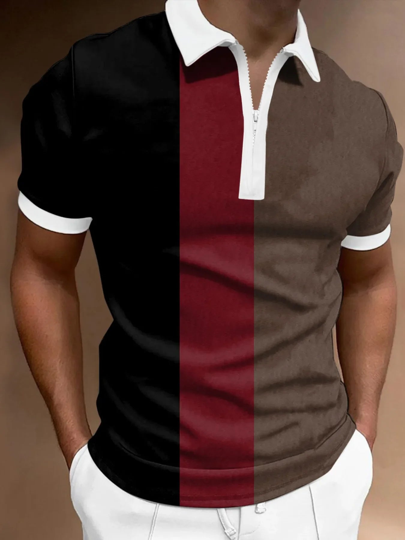 Men's Full Size Color Block Zipper Polo Shirt Plus Size