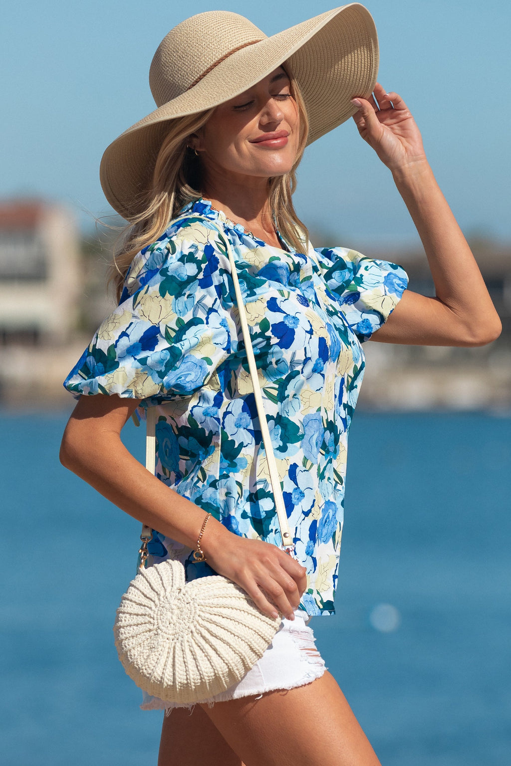 Sky Blue Floral Print Short Puff Sleeve V Neck Blouse