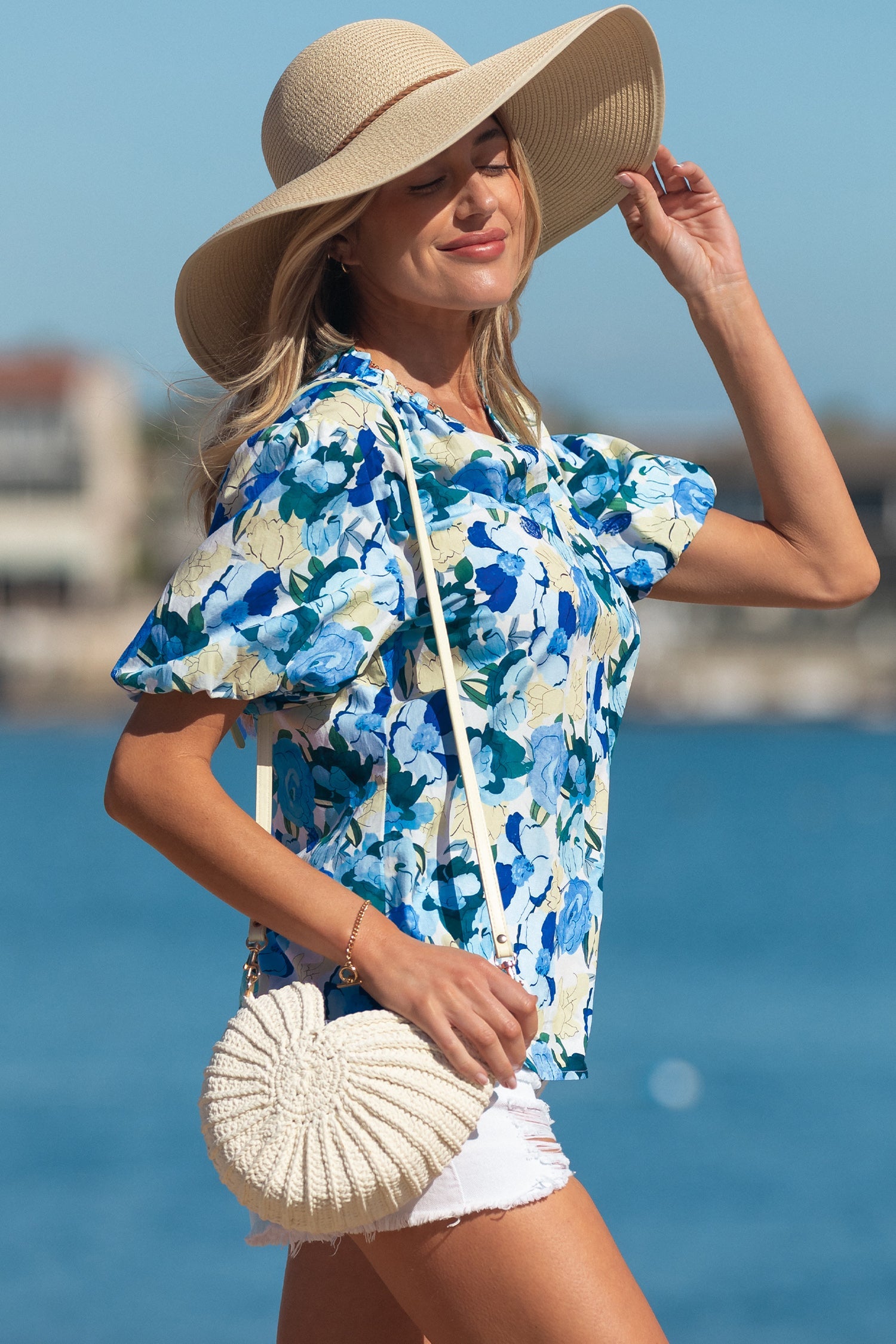 Sky Blue Floral Print Short Puff Sleeve V Neck Blouse