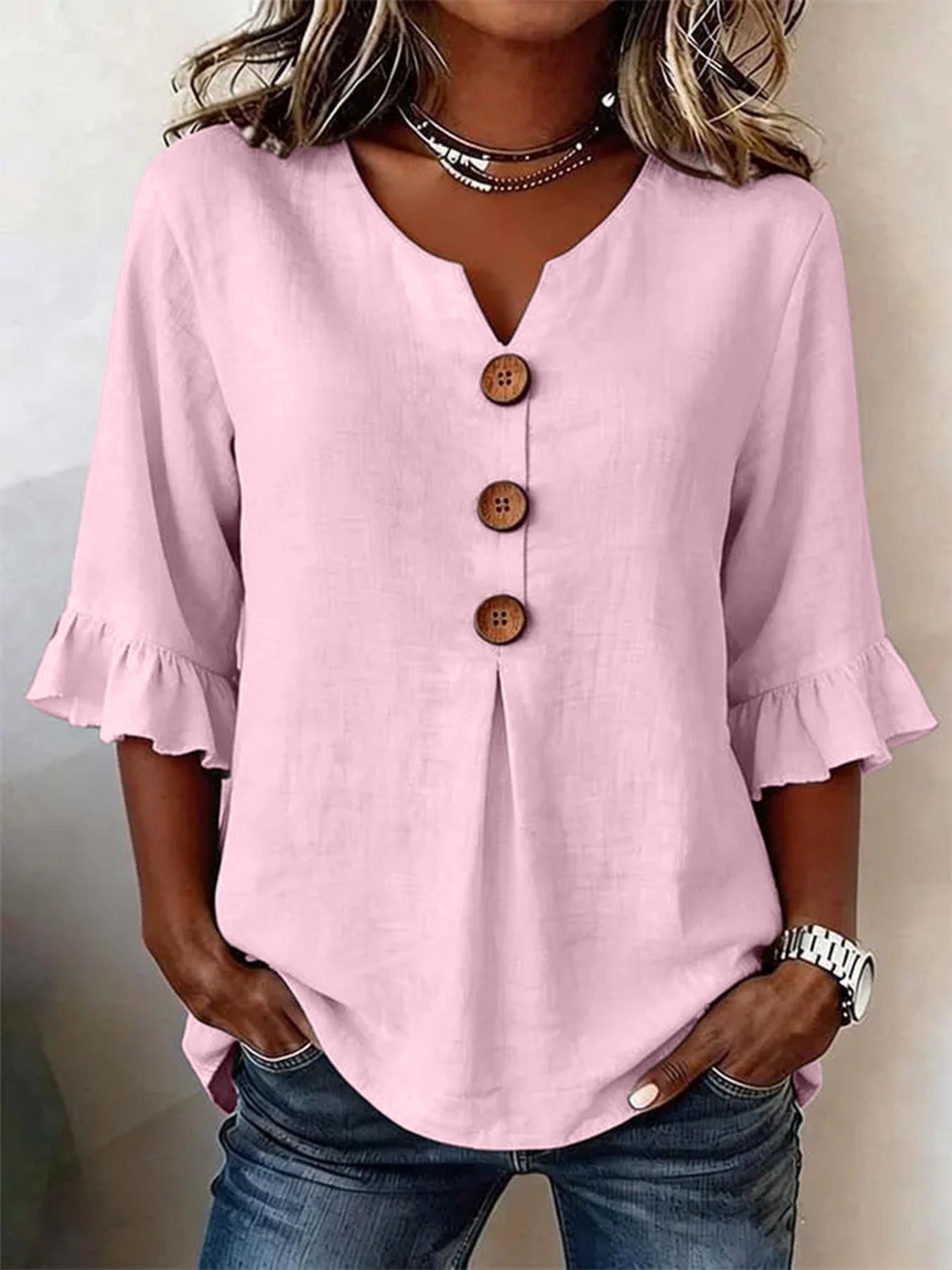Women's Cotton Linen V-Neck Button-Up Blouse — Summer Casual Top