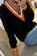 Black Contrast Striped Trim V Neck Varsity Sweater