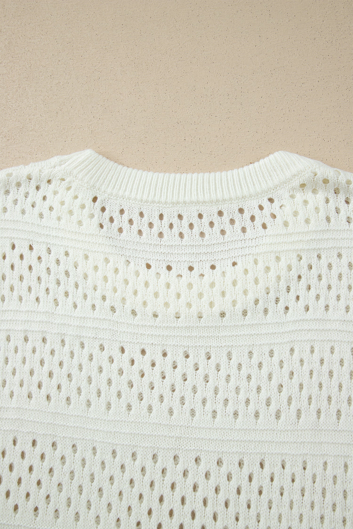 White Plus Size Eyelet Hollow Out Knit Ribbed Trim Short Sleeve Dolman Sweater