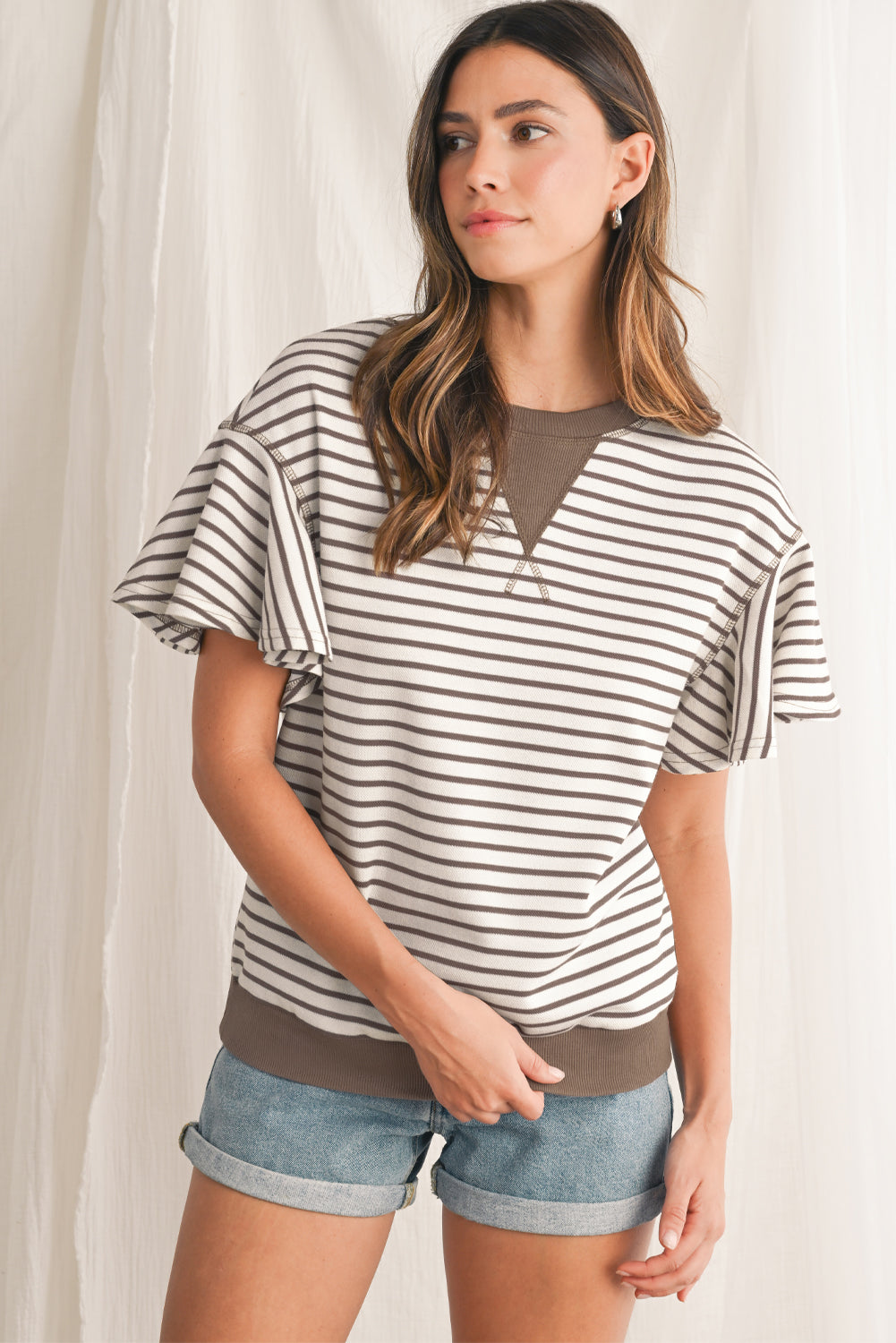 Bright Green Striped Ruffle Sleeve Round Neck Top