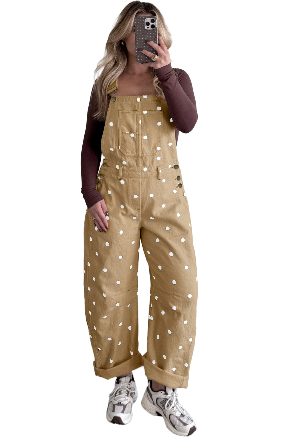 Jet Stream Polka Dot Print Bib Pocket Denim Barrel Overalls Jumpsuit
