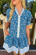 Blue Striped Trim Half Buttons Short Sleeve Floral Dress