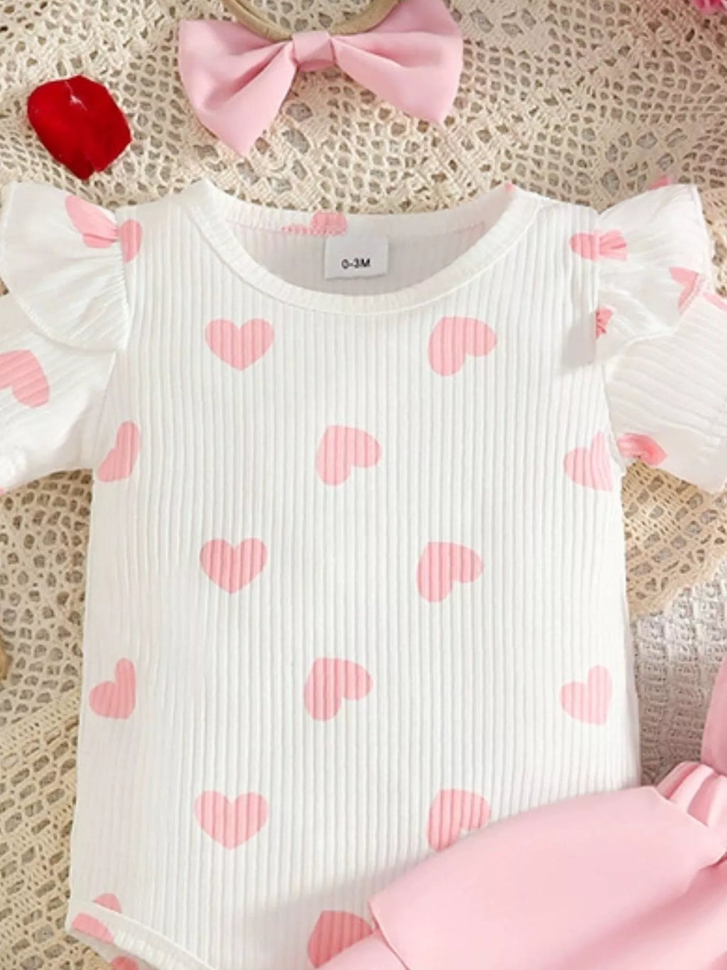 Children's Heart Print Ruffle Trim Bodysuit and Dress Set with Headband