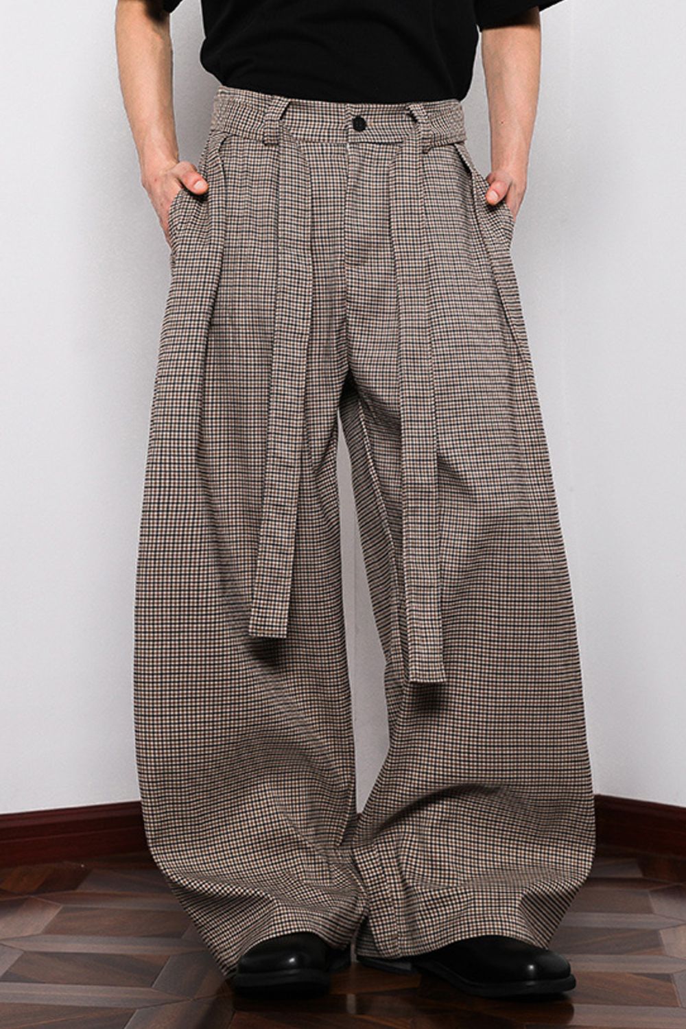 Men's Plus Size Wide Leg Plaid Tied Pants