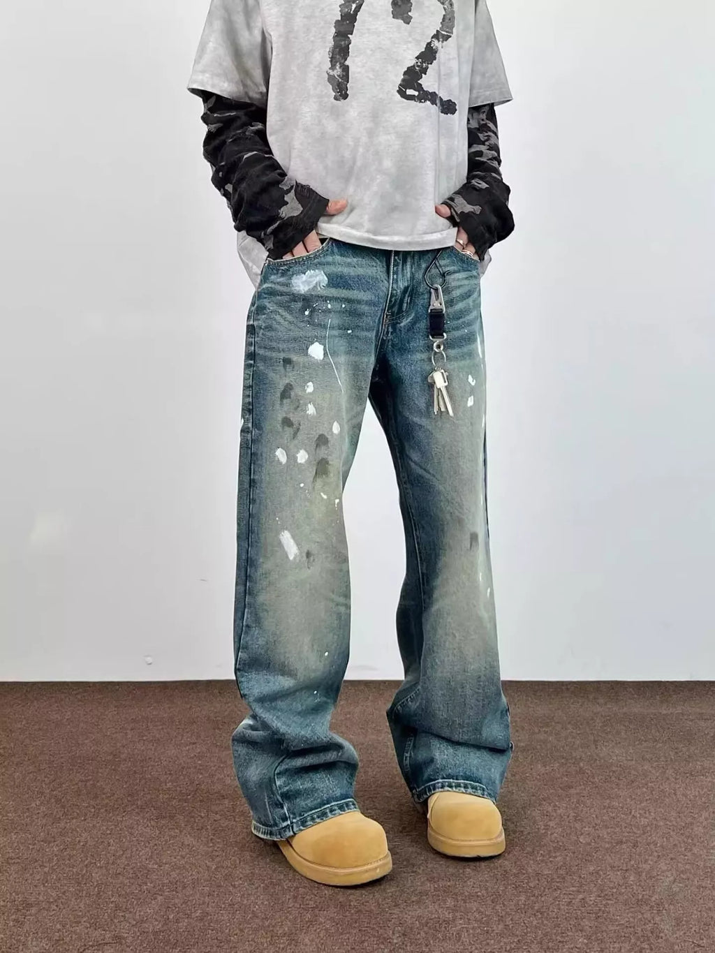 Men's Full Size Wide Leg Jeans with Paint Splatter Plus Size