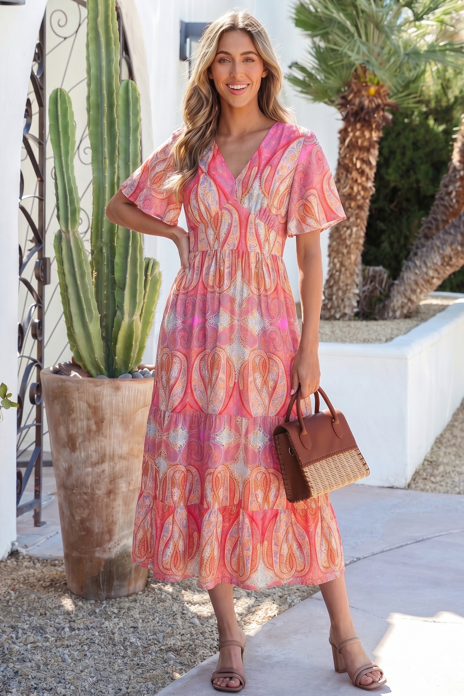Multicolour Paisley Print V-Neck Short Sleeve Boho Maxi Dress with Ruffle Details