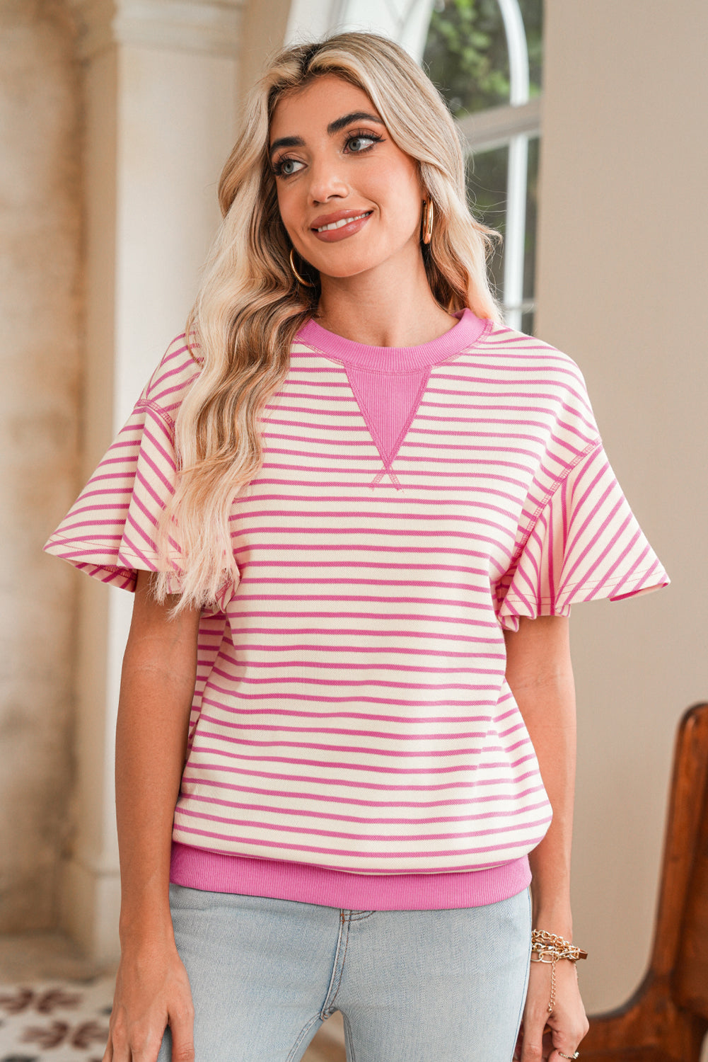 Bright Green Striped Ruffle Sleeve Round Neck Top