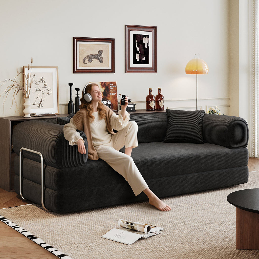78.8' Compression Sofa,Convertible Floor Sofa Bed-with Pillow Back Support Armrest,Comfy Futon Couch Sleeper Bed,Loveseats Boneless Modular Sectional Sofa,Corduroy fabric,for Living Room,Bedroom,Black