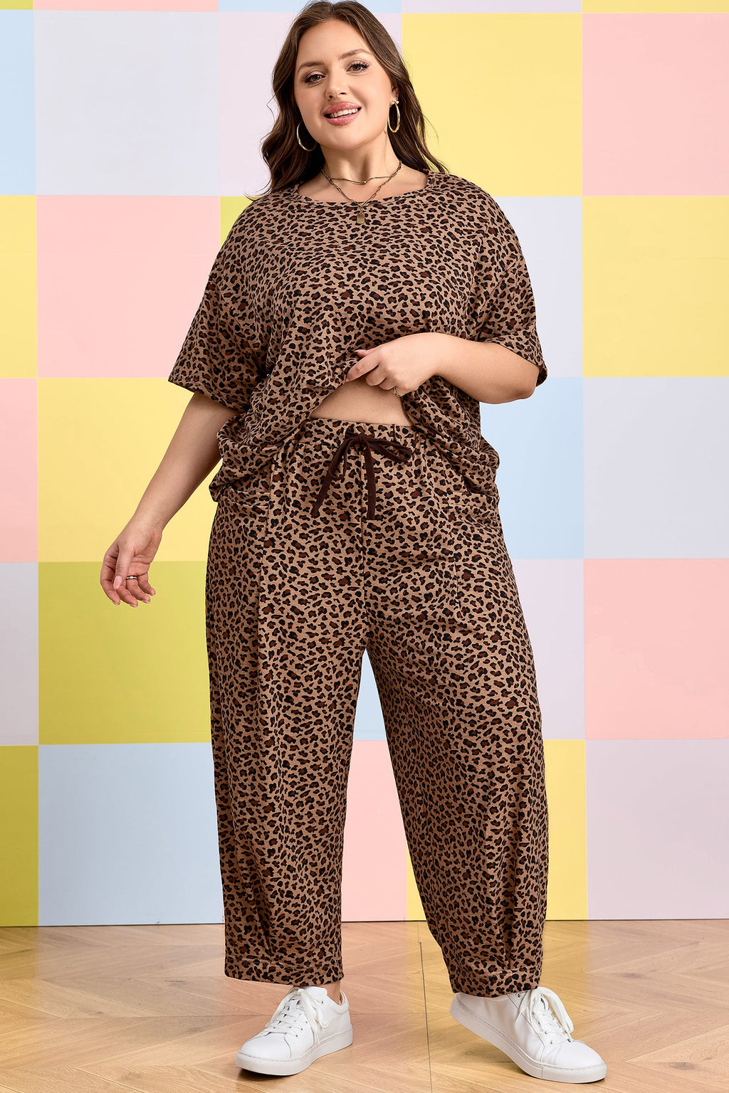 Brown Plus Size Leopard Loose Top Pleated Pants Set