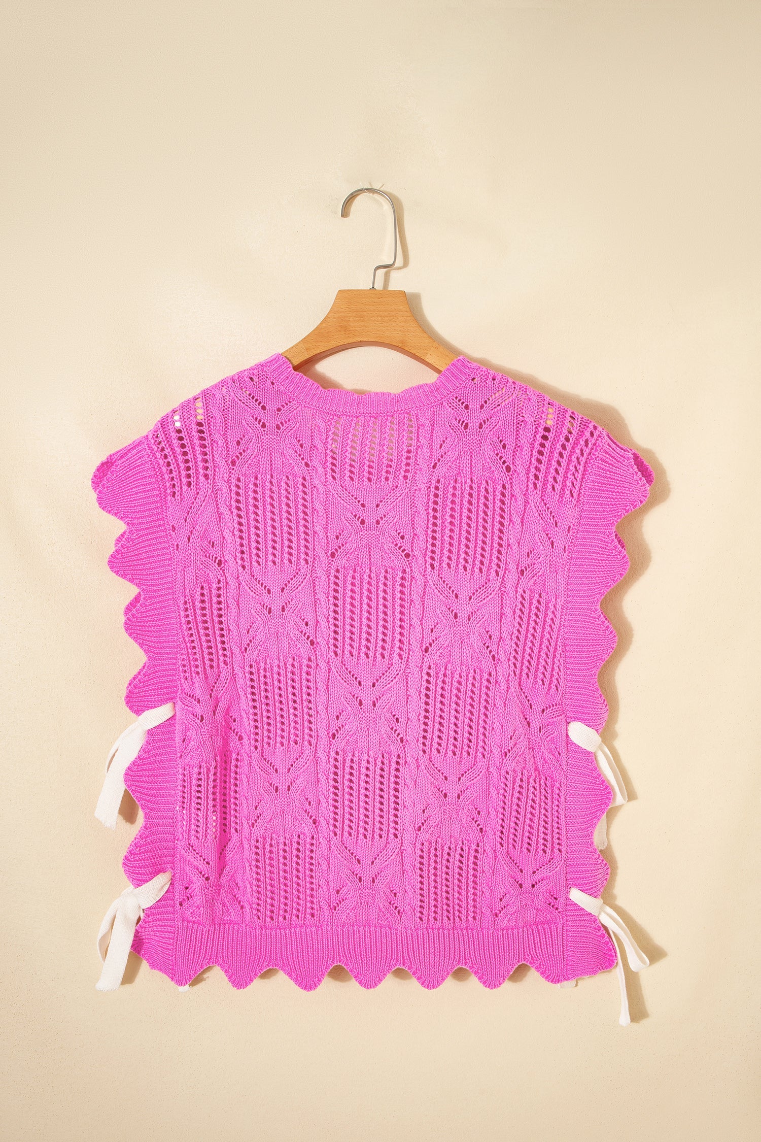 Bonbon Pointelle Knit Patterned Scalloped Trim Short Sleeve Sweater