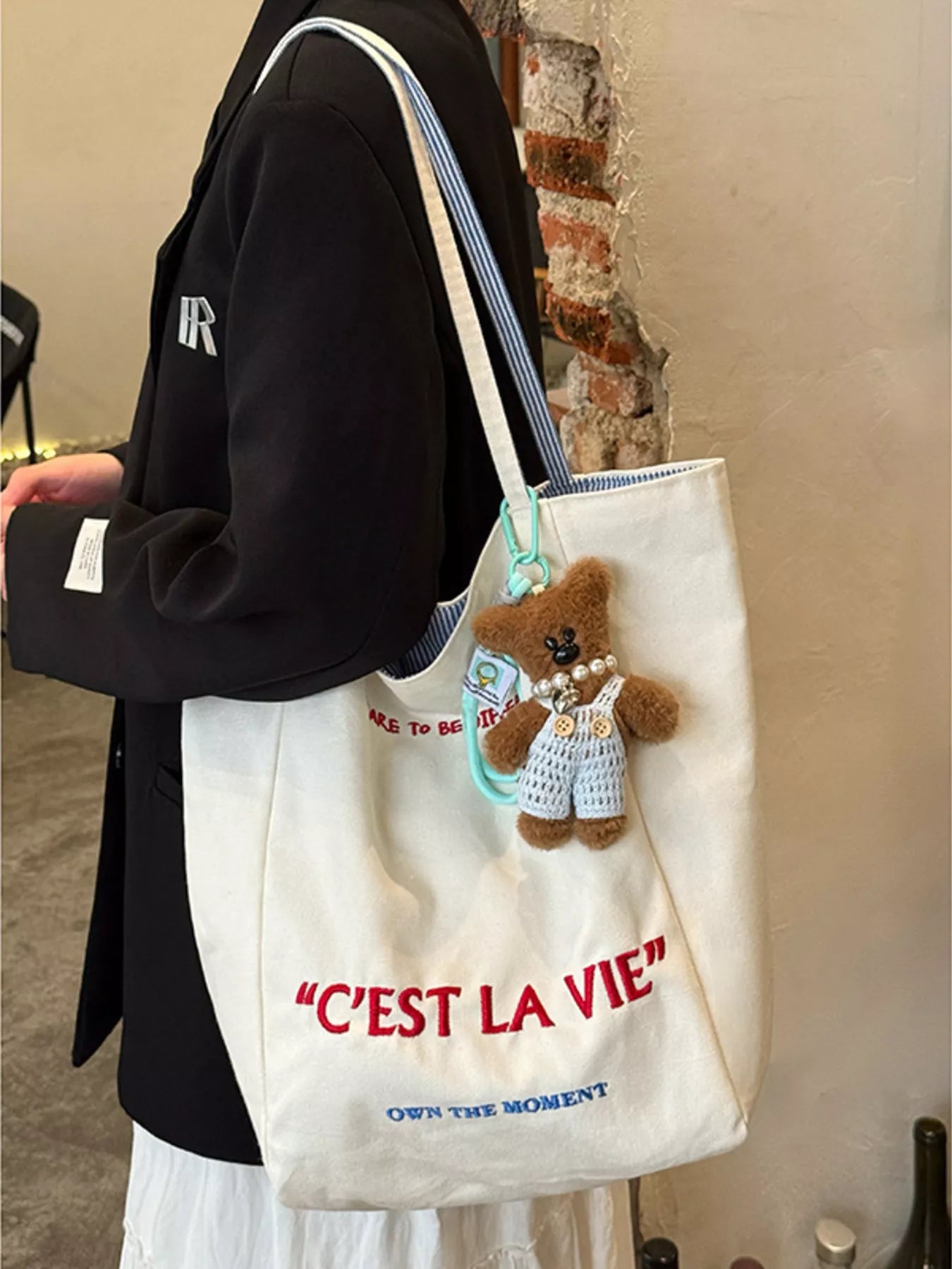 Letter Embroidered Canvas Shoulder Bag