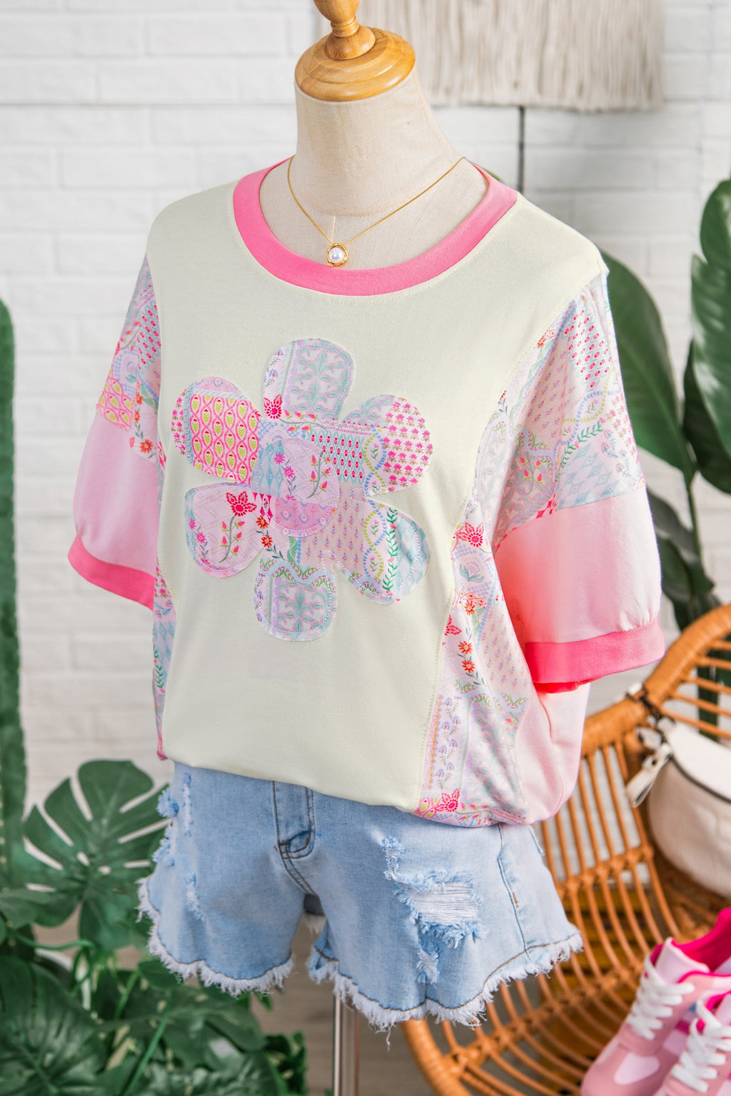 Beige Color Block Floral Patchwork Big Flower Accent Relaxed Top