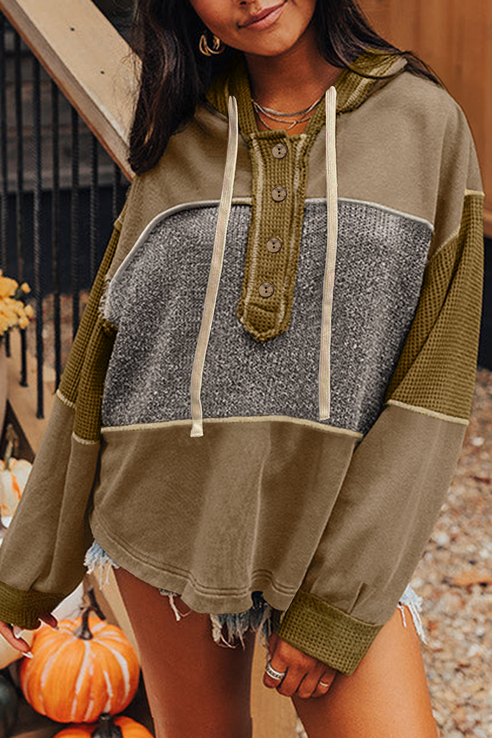 Jungle Green Mixed Texture Patchwork Exposed Seam Half Button Pullover Hooded Sweatshirt